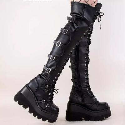 Women Boots Design Female Platform Thigh High Boots Fashion Buckle Punk High Heels Boots Women Cosplay Wedges Shoes Woman