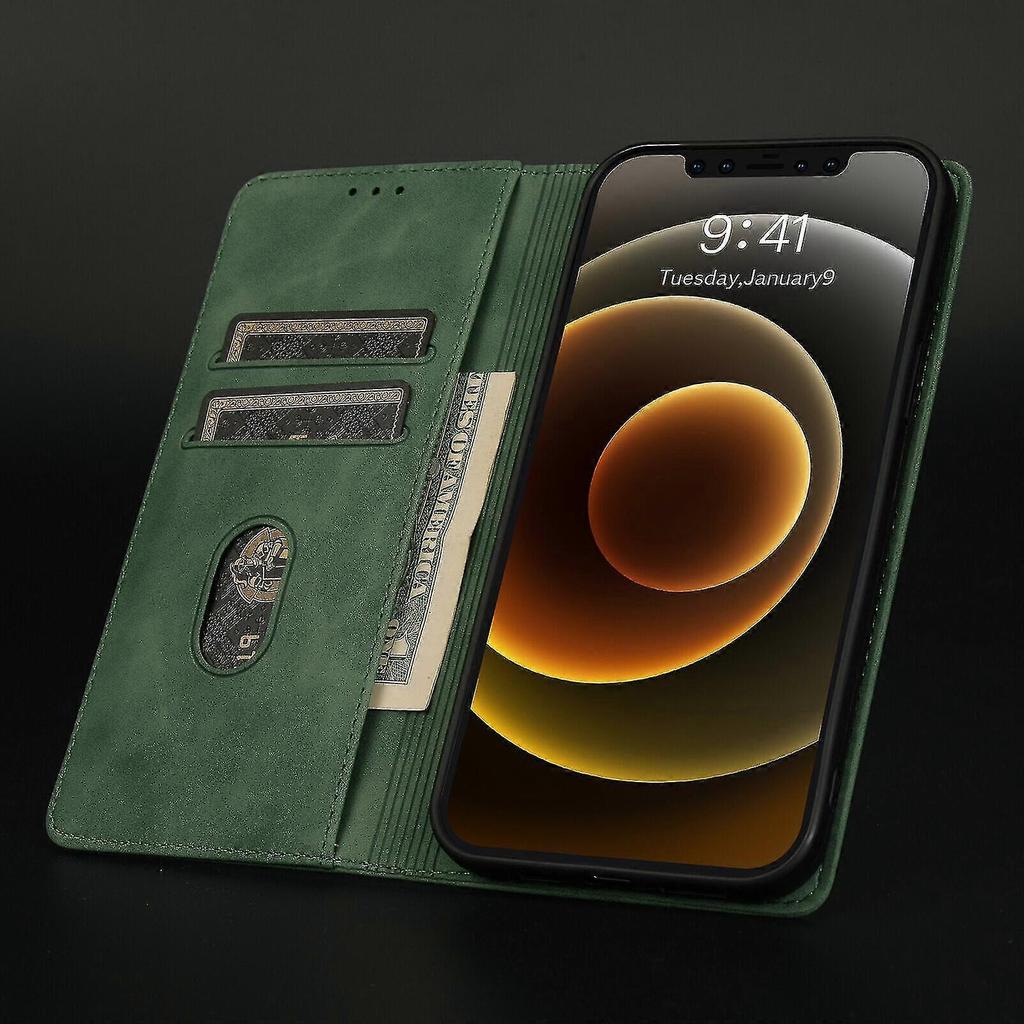 Case Magnetic Close Wallet Book Flip Flip Split Standing View Leather Cover Shock-proof for Iphone 12 Mini- Green