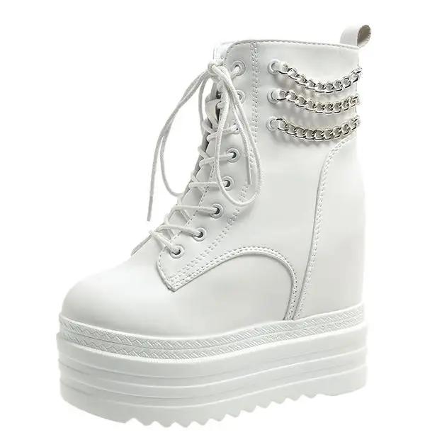 

Мода 12 см Новые женские ботильоны Кожаная толстая подошва Мотоциклетные ботинки Женские Осенние Весенние Цепь Высокая платформа Обувь Женщина Большой размер 42 34 белый