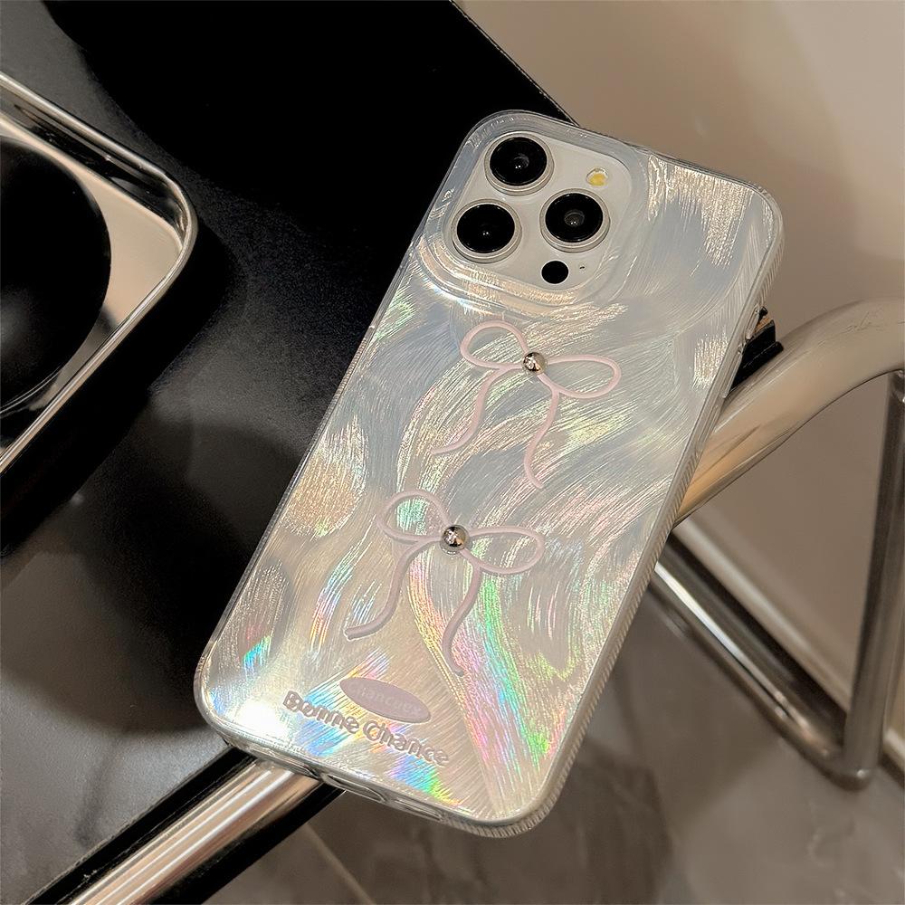 Three Dimensional Silver Pearl Powder Bow Mobile Phone Case Suitable for Apple 15promax Feather Iphone16 Anti Fall 12 Hard 14