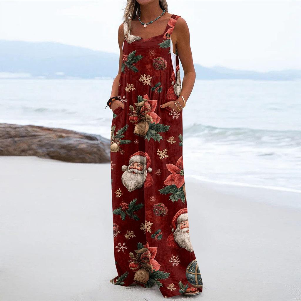 Women's Christmas Print Solid Wide Leg Strapless Tank Pocket Casual Onesie