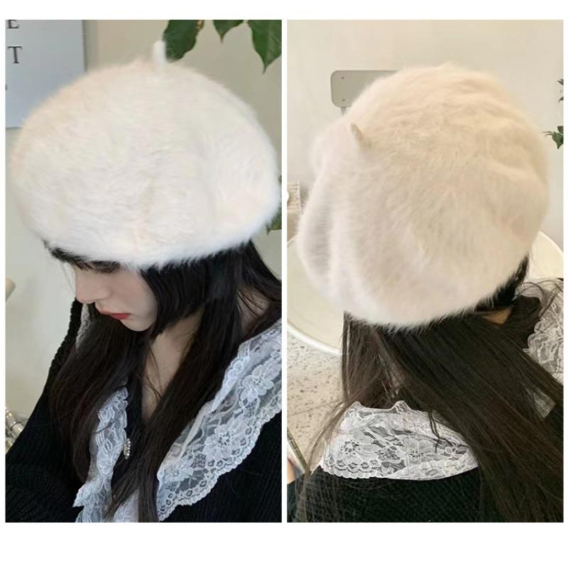 Winter Fake Rabbit Fur Beret Hats Women French Painter Hat Girls Solid Color Soft Berets Lady Fashion Flat Wool Berets