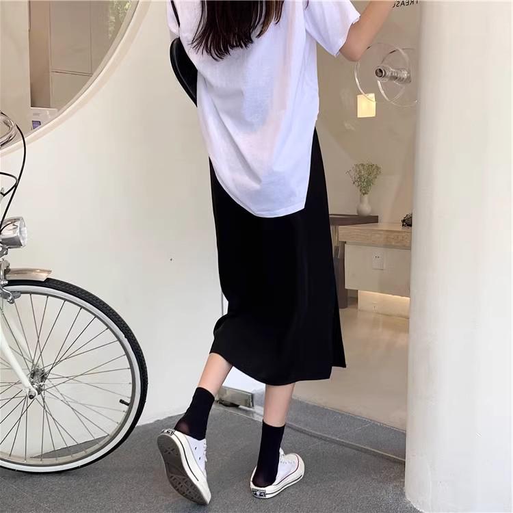

High-Waist Black Slit A-Line Midi Skirt - Plus Size, Over-the-Knee, For Thick Thighs L [suitable for 53-59 kg]