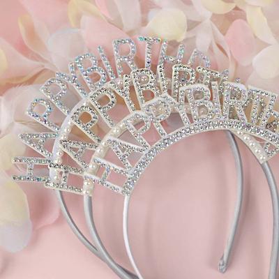 Gift Queen Pearl Happy Birthday Headband Birthday Hair Hoop Female Jewelry Rhinestone Crown AVE