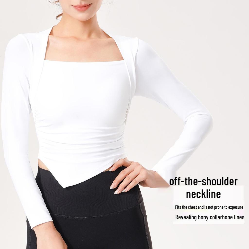 Women's Long-Sleeve Yoga Suit with Padded Waterdrop Cup and Ruched Slim-Fit Sports Top