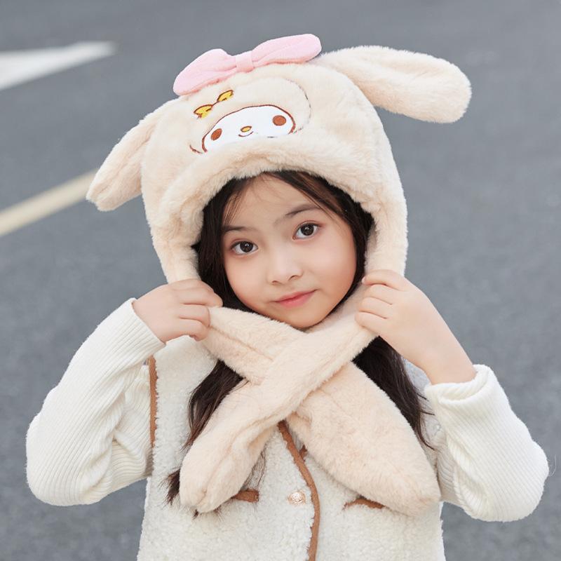 Ears Move Children's Hats Cartoon Cute Plush Ear Protectors Pullover Hat Winter Outdoor Warm Scarf Integrated Hat