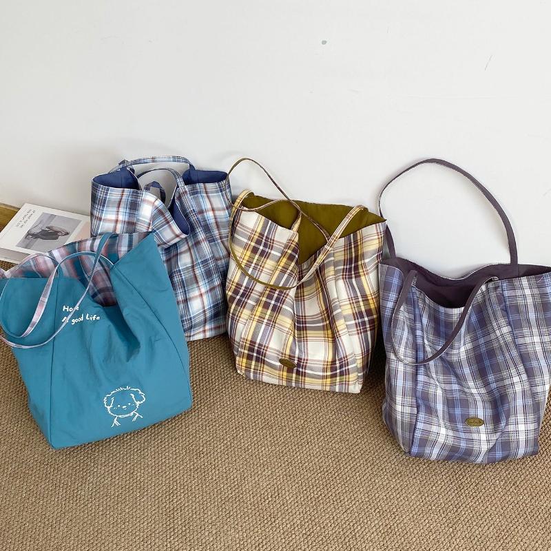 Contrast Color Women's Plaid Shoulder Bags Double Sided Large Capacity Female Shopping Bag Cartoon Dog Casual Tote Handbags