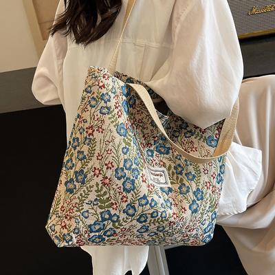 Borsa a tracolla in tela floreale di grande capacità, Borsa a mano versatile alla moda, Borsa per studenti per la classe, da donna
