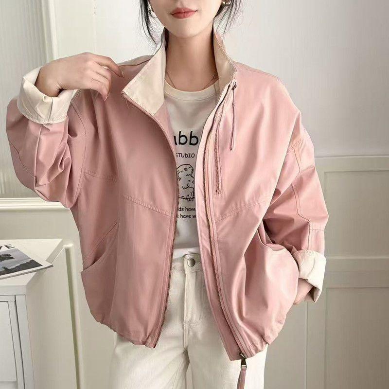 European Style Stand Collar Double Zipper Women's Color Block Jacket - 2025 Spring Casual Loose Fit