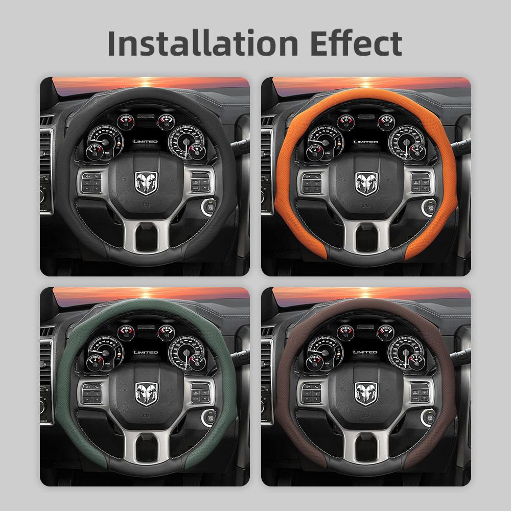 Zkfan8 Suitable for Ram Perforated Leather Steering Wheel Cover, Non-Slip, Sweat-Absorbent, Breathable, Integrated Snap-On Protective Cover for Pickup