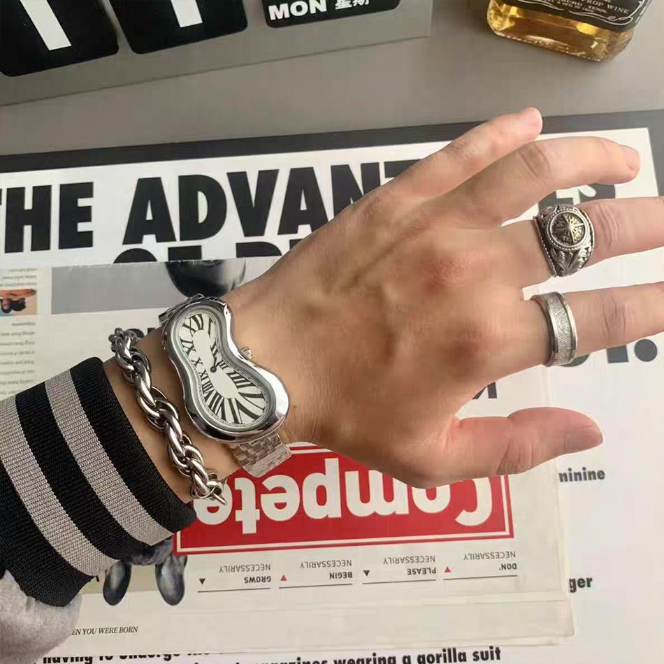 New Y2K Fashion Creative Men Women Soft Melting Silver Watch Luxury Streetstyle Irregular Shape Dial Unique Design Quartz Watch