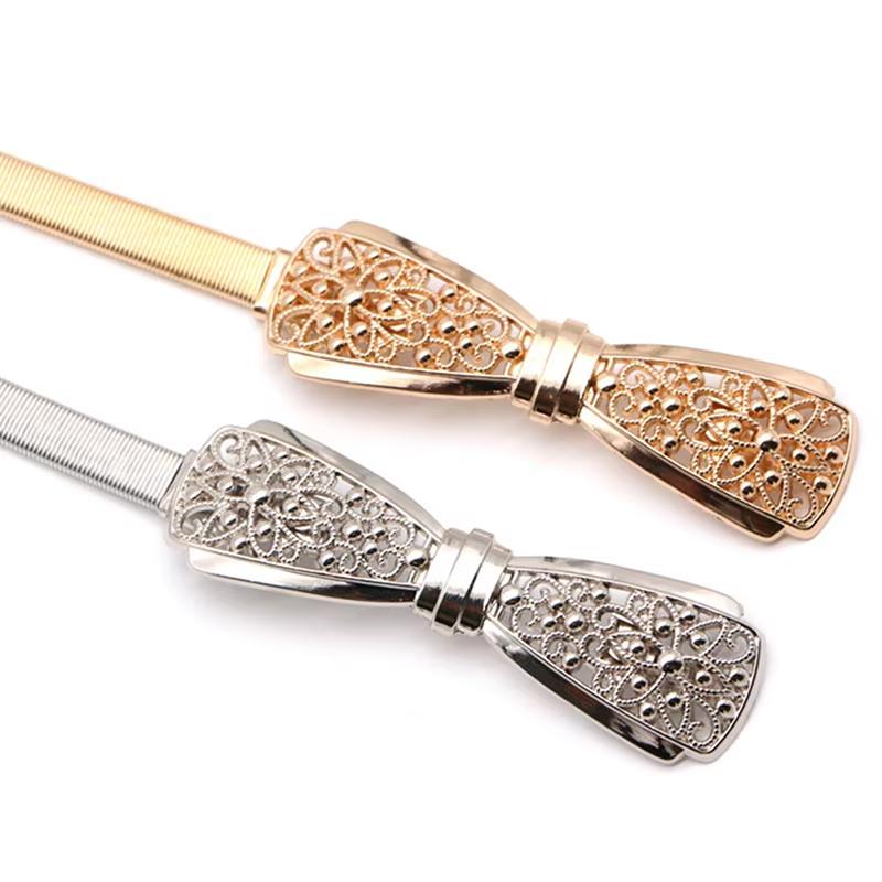 Fashion Metal Hollow Out Carved Bow Women Belts Elastic Skinny Thin Dress Belt Women Ladies Gold Sliver Decor Waist Chain Straps