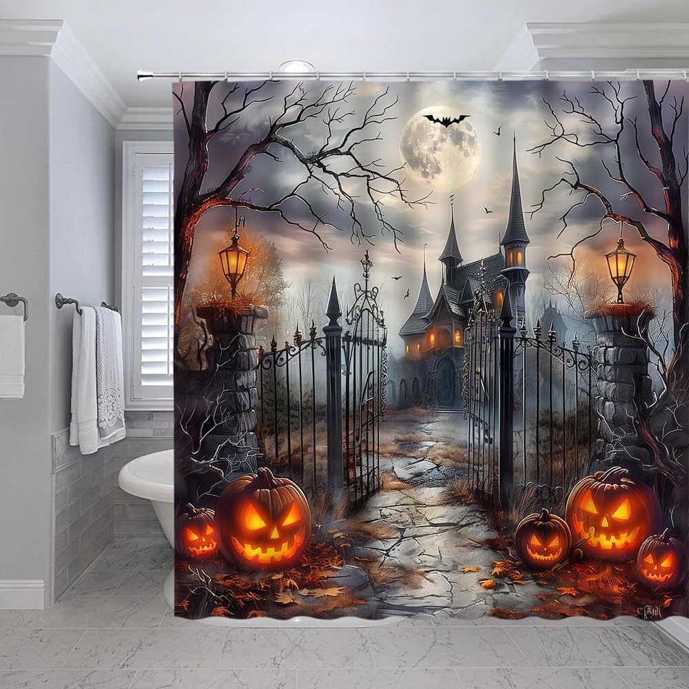 Spooky Halloween Castle Shower Curtain Pumpkin Gothic Haunted House Full Moon Horror Day of The Dead Bat Creepy Tree Scary Goth