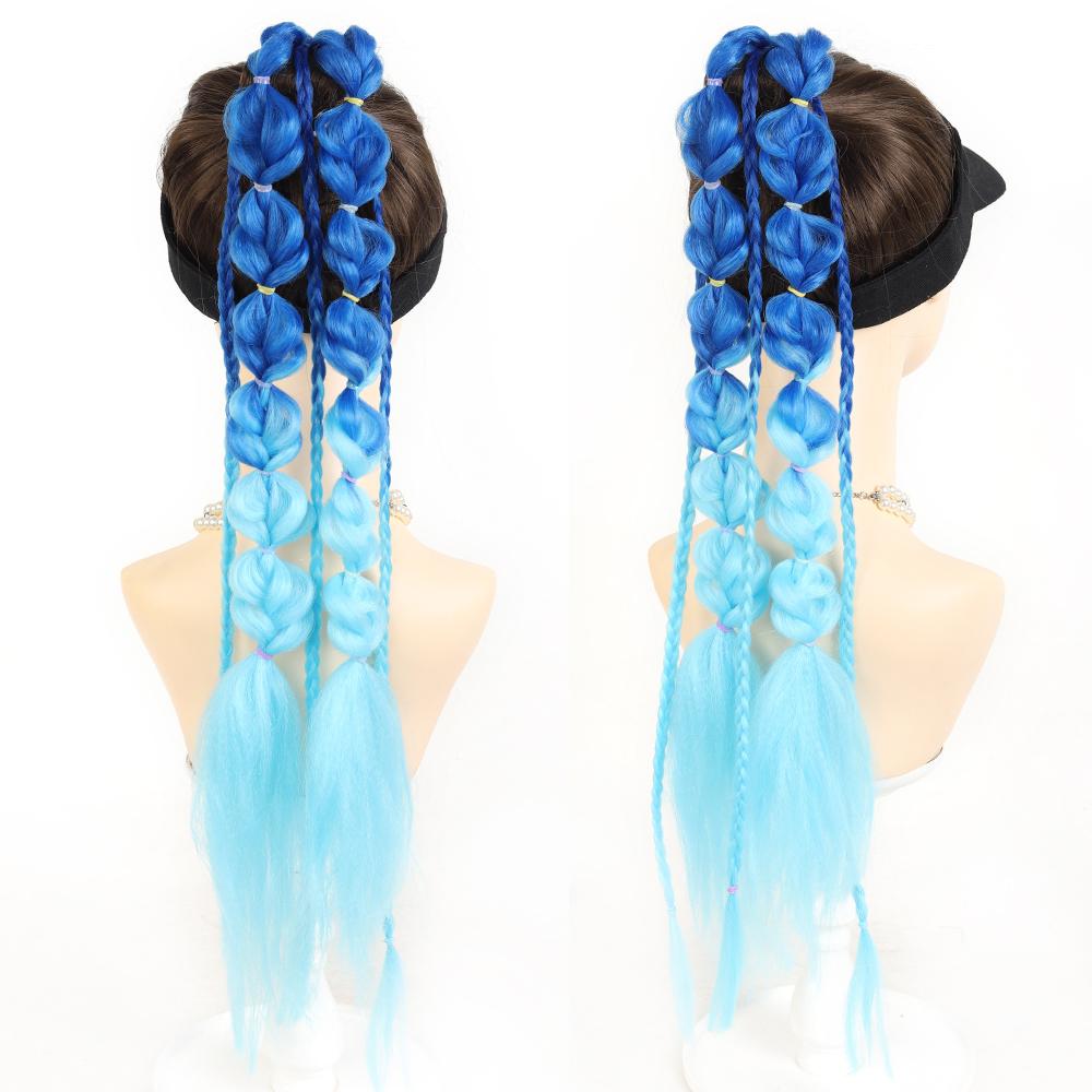 24 Inch Synthetic Gradient Corlorful Bubble Braids Ponytail Hair Extensions Rubber Band Style Hairpiece For Party Costume Halloween Wear