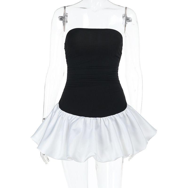 

Dress Socialite Style Elegant Pettiskirt American Sexy Slim fit Slimming Tube Top Pleated a Hem Dress Women Black and White M