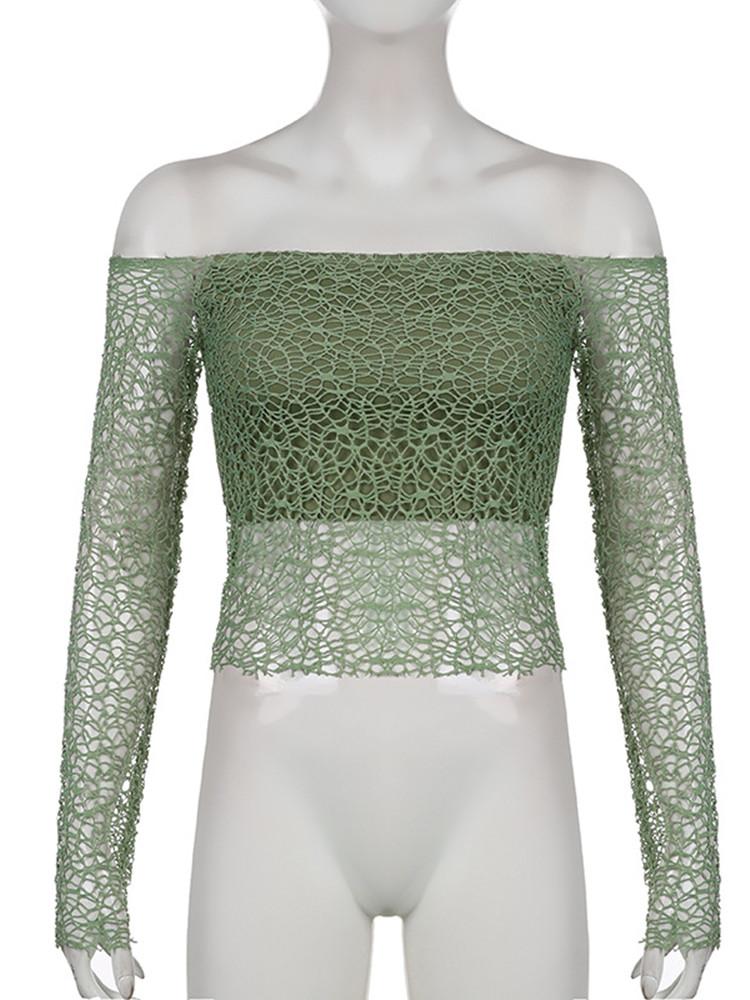 

Текстурные открытые укороченные топы, женские облегающие рубашки с открытыми плечами и длинными рукавами, летние и осенние сексуальные повседневные футболки, женская уличная одежда L зелёный
