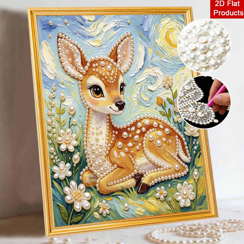 Frameless Pearl Painting Kit Cute Deer Pattern DIY 3D Bead Art Canvas Relaxing Handmade Craft for Adults Home Decor