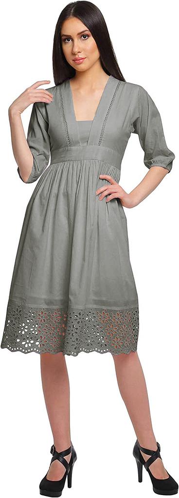 Moomaya Solid Midi Dress For Women Plus Size Lace Details Clothing Summer