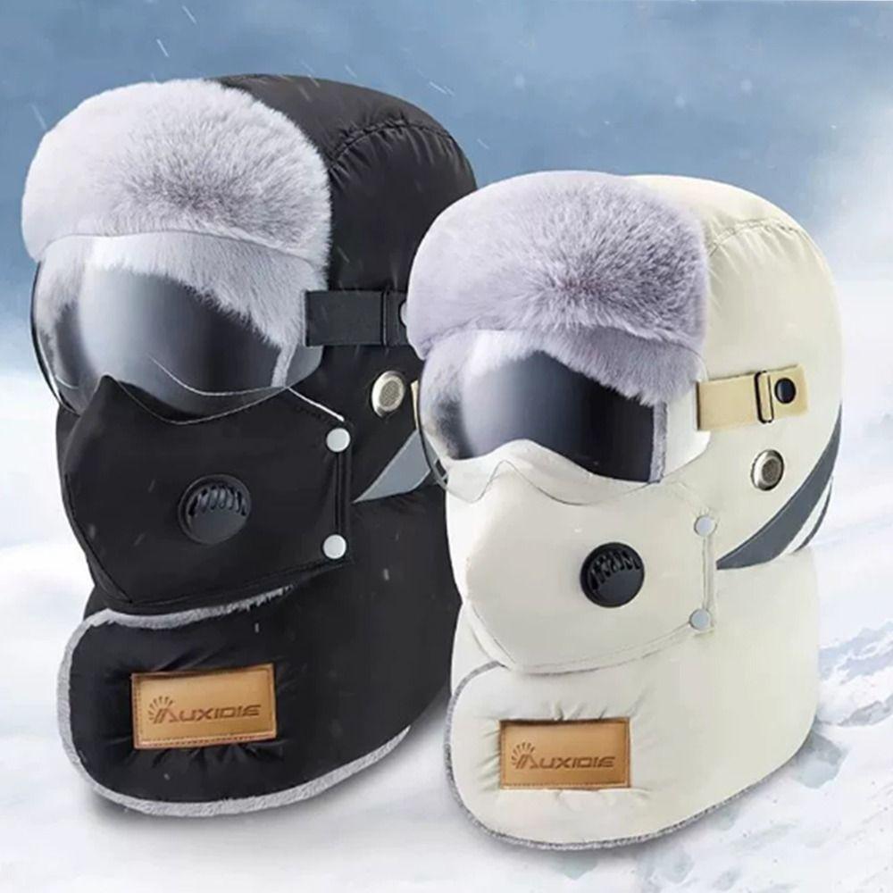 Unisex Bomber Hat Thickened Keep Warm Russian Ushanka Hat Windproof with Goggles Cycling Ear Protection Hat for Outdoor Sports