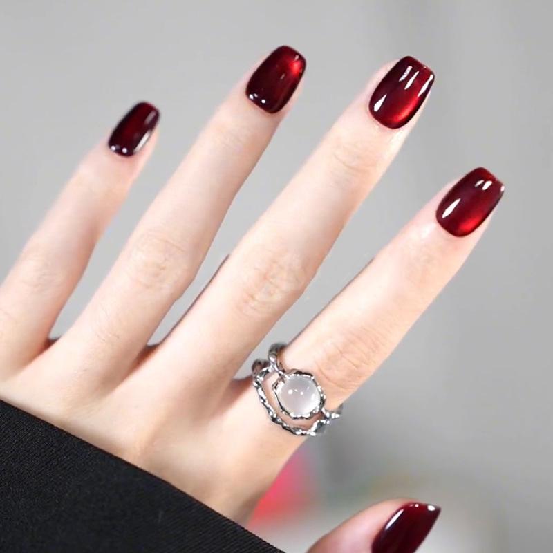 

Cherry Wine Red Cat Eye Nail Stickers - Handmade Autumn/Winter Nail Tips Glue Type