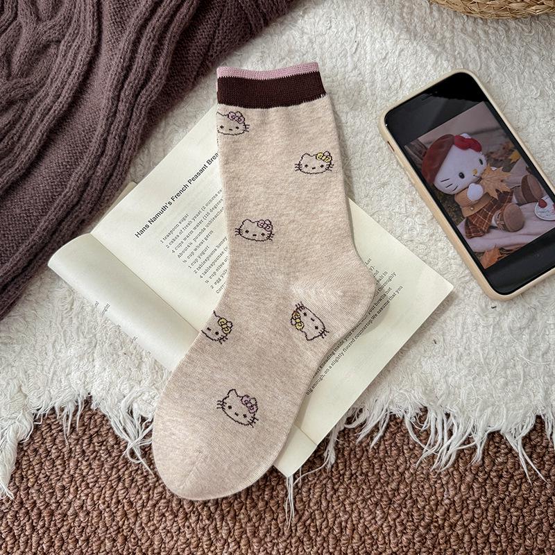 Women's Mid-Calf Colorblock Cat Embroidery Socks - Autumn/Winter Bubble Rolled Edge
