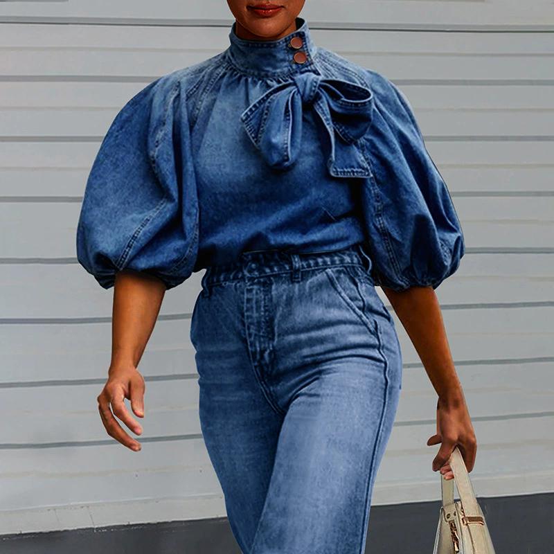 

Spring Summer Lightweight Loose Women s Denim Shirt Butterfly Knot Elegant Bubble Sleeve Semi High Collar Casual Chic Pullover Tops S темно-синий