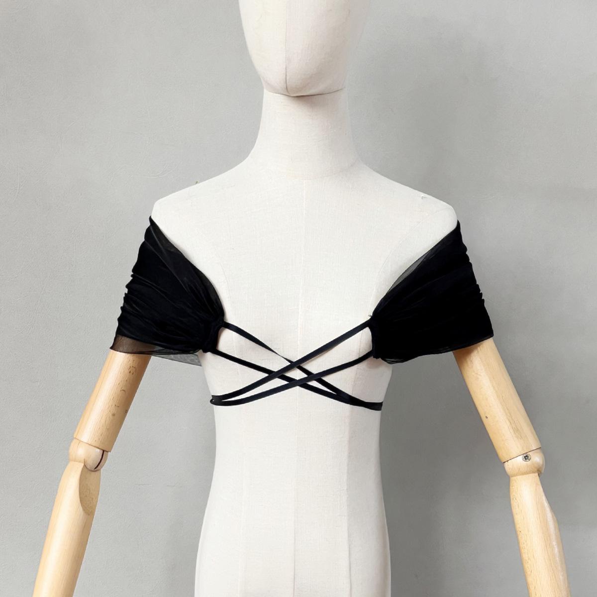 Women Off Shoulder Ruched Tulle Shrug Back Tie Ribbon Bolero Sheer Mesh Wrap Cover Up For Wedding Bridal Evening Dress Photoshoot Multi Colors L чёрный