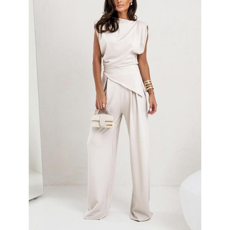 Fashion Spring/Summer New Arrival Fashion Commuter Ol Pure Color Irregular Sleeveless Tops Straight-Leg Trousers Casual Two-Piece Suit