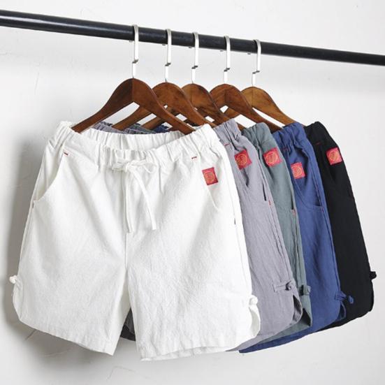 Men Beach Shorts Drawstring Elastic Waist Solid Color Loose Pockets Sports Quick-drying Plus Size Chinese Style Men Sweatpants Male Clothing