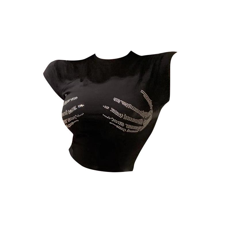 Spicy Girl Rhinestone Short Sleeve Crop Top - Women's Summer Sexy Petite Casual Slim Fit T-Shirt