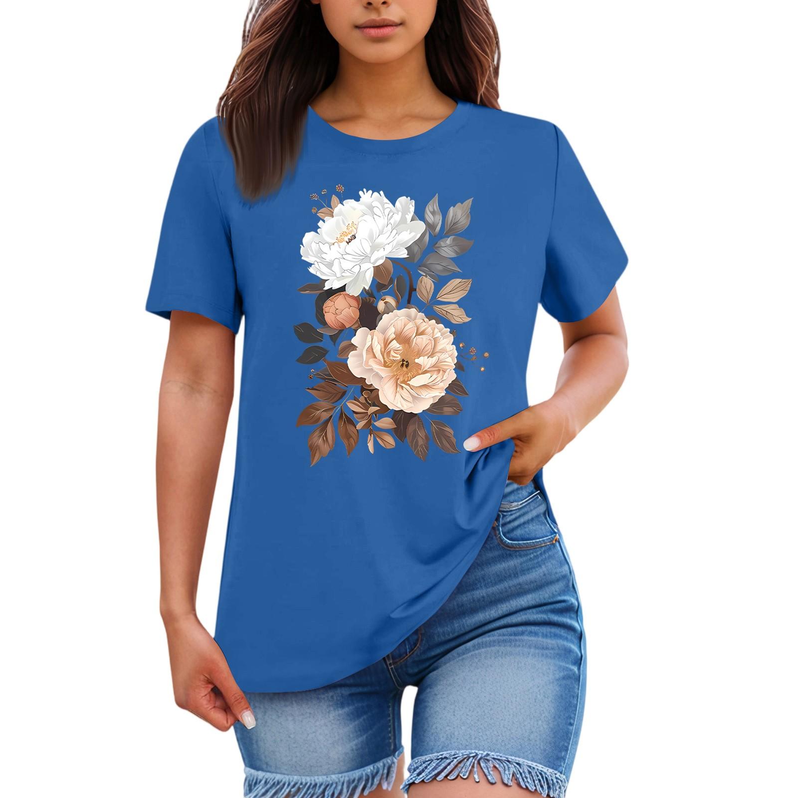 

Женская свободная удобная повседневная модная футболка с принтом растений и цветов, круглым вырезом и короткими рукавами XXL