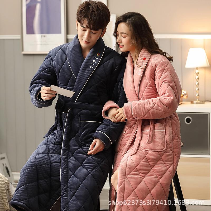 Extra Long Winter Couple's Robe: Thick Quilted Velvet Bathrobe for Men & Women