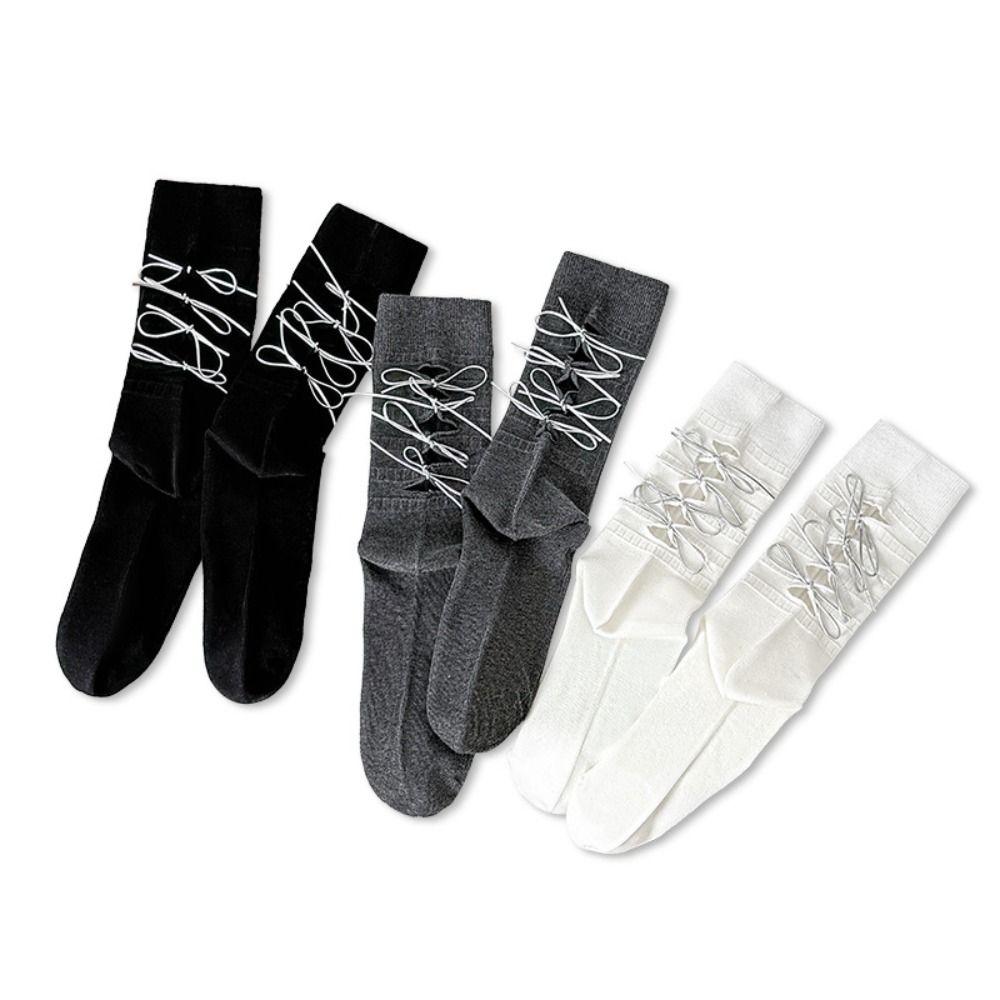 Ballet Style Mid Calf Socks Solid Color Ripped Lacing Socks Cotton Socks for Women  Student