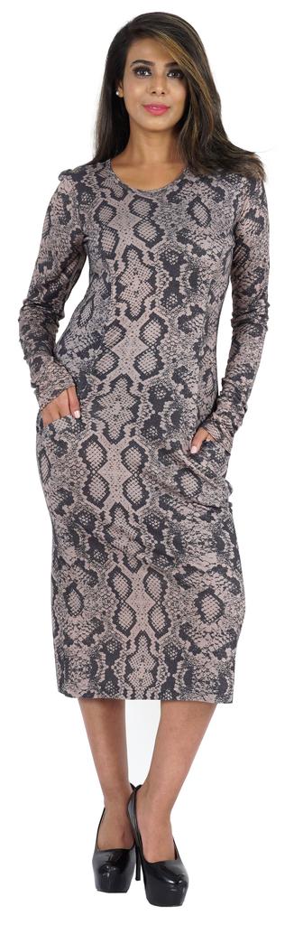 Bimba Printed Long Bodycon Dress With Pockets For Women Full Sleeves Dress Midi