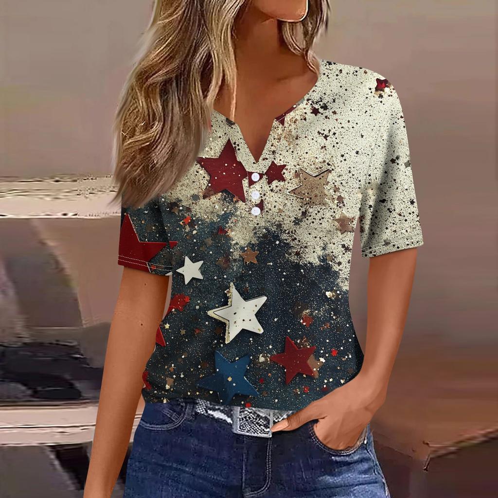 Dámské tričko Tričko Potisk knoflíku Krátký rukáv Denní víkend Móda Basic Top s výstřihem do V