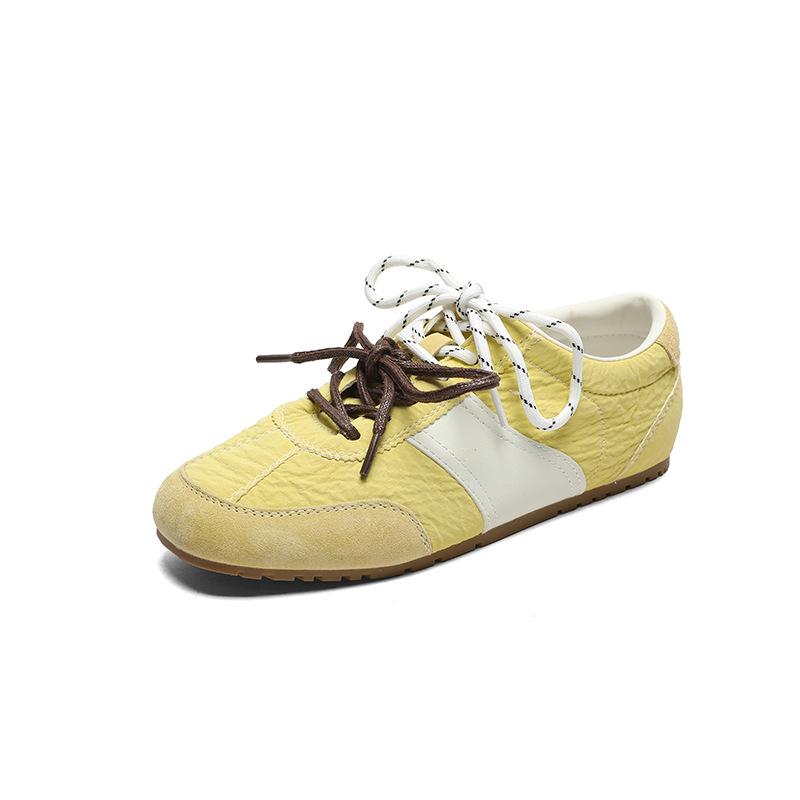 Yellow Retro Women's Spring and Summer Breathable and Light Mouth Single Shoes Double Shoelaces Color Matching White Shoes
