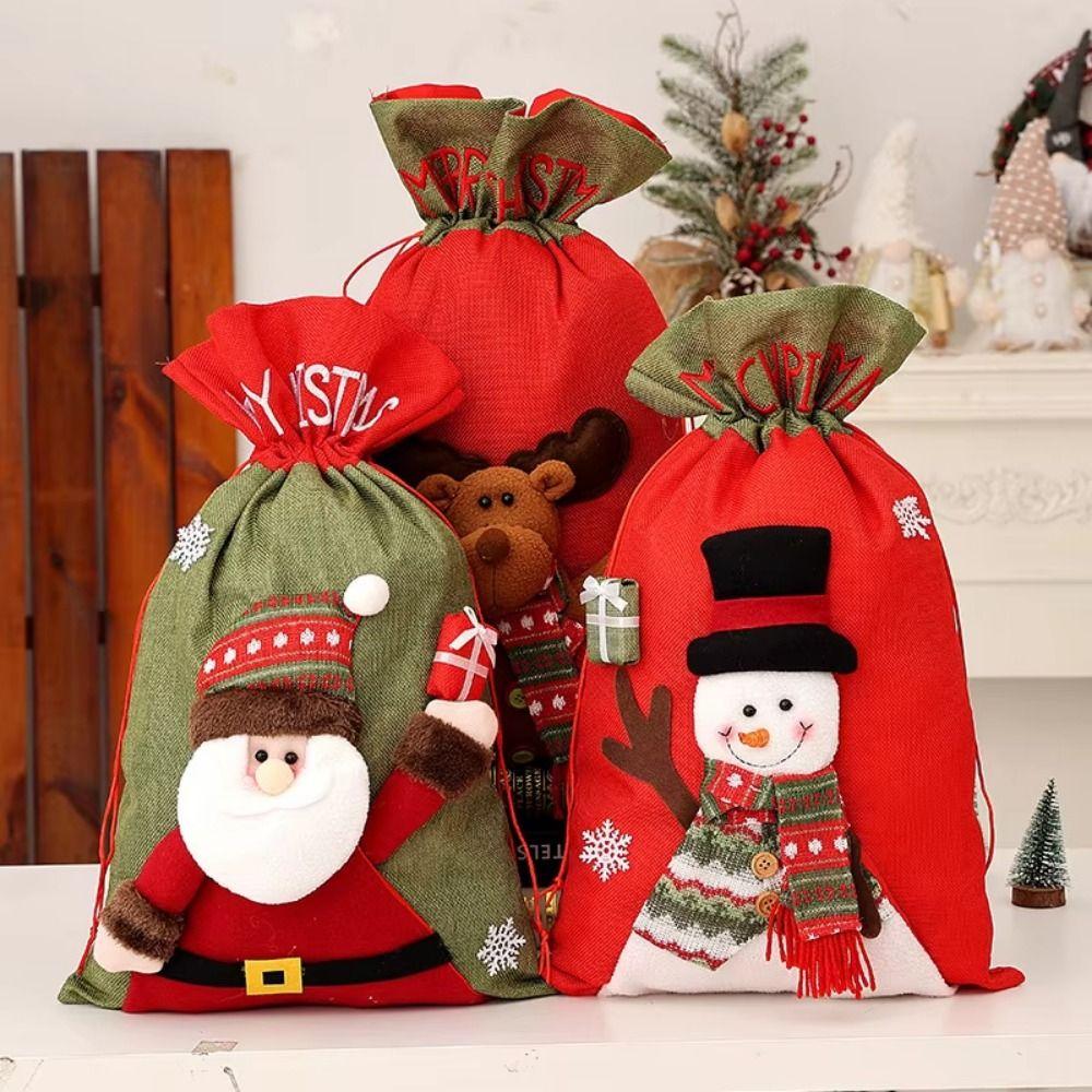 Linen Christmas Gift Bags 3D Drawstring Candy Bags Unique Cute Pattern Gift Bag Home Decor