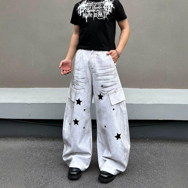 American street retro dirty dyed stars multi-pocket overalls men's and women's loose wide-leg casual straight jeans tide