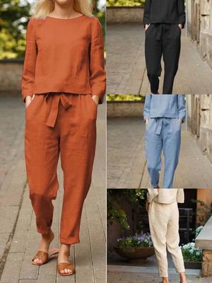 Women's Linen Two-Piece Casual Suit – Solid Color, Elastic Waist, Spring/Summer Retro Style