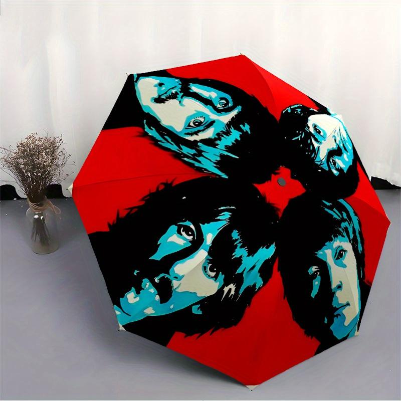 1 Stück Beatles Kunstwerk Automatisches Öffnen/Schließen, 8-Rippen Eisenrahmen, Kompakter Faltregenschirm Ganzjahres-Tragbarer Regenschirm für Reisen, Pendeln
