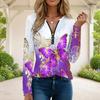Women Plus Size Front Zip Round Neck Long Sleeve T Shirt Butterfly Printed Purple White Top