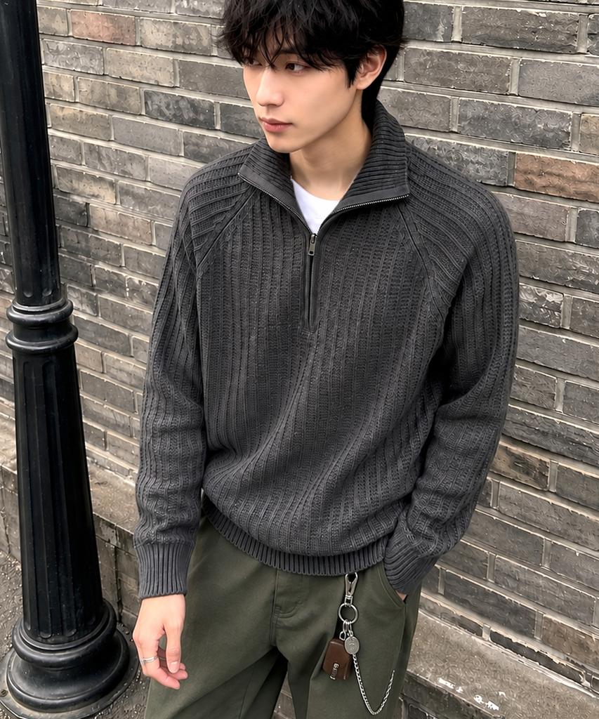 UNDEROFF Formal Crop Half-Zip Wool Knit Gray