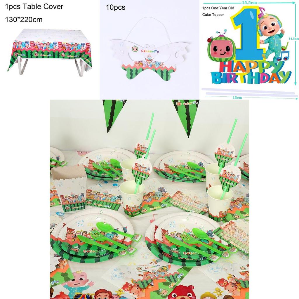 Bunte Cocomelon Partyartikel für Kindergeburtstagsfeiern mit Tellern und Bannern