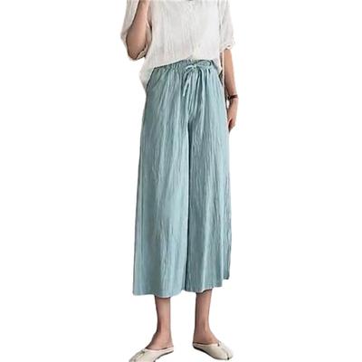 Wide Leg Pants for Women's Summer Cotton Linen Trousers Solid Elastic Waist Breathable Loose Fitting Large Size Pant