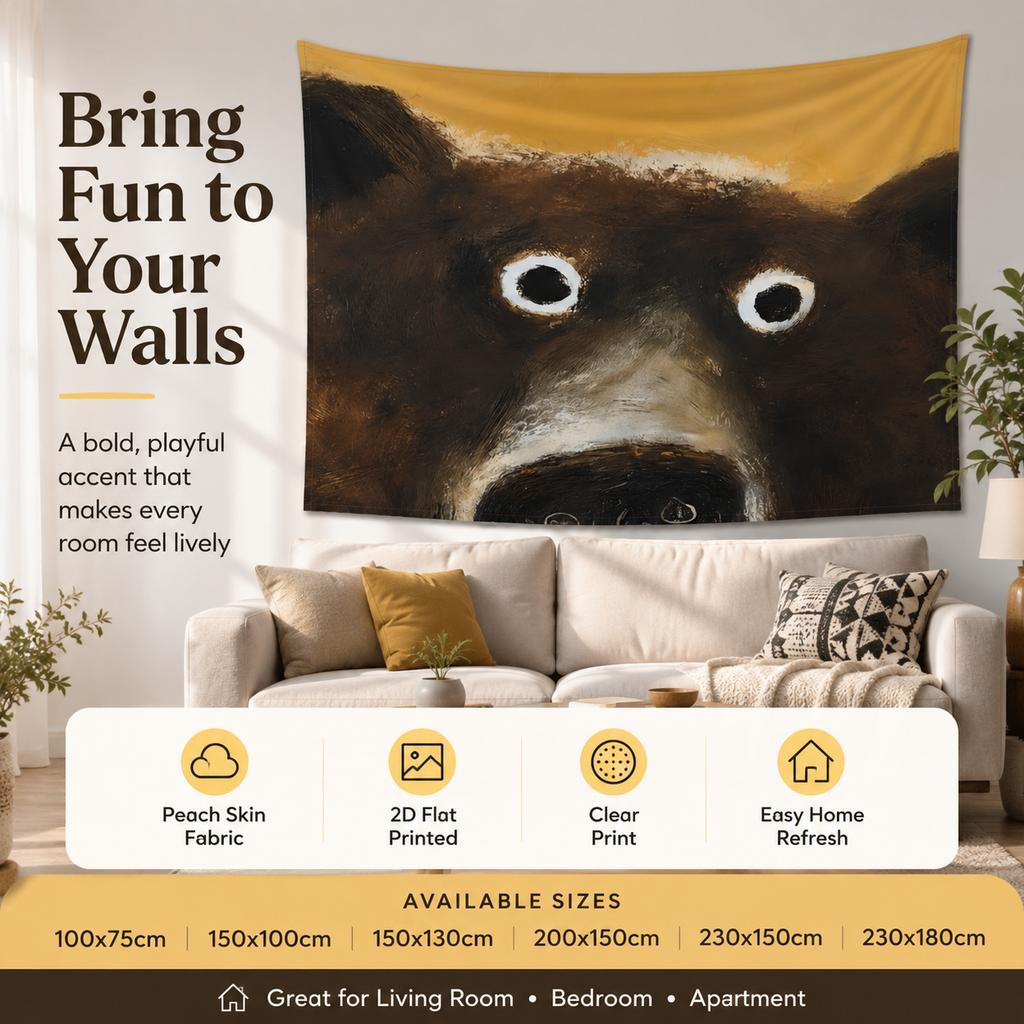 Funny Bear Face Tapestry 2D Flat Printed Peach Skin Wall Hanging Quirky Animal Backdrop for Dorm Living Room Bedroom Decor