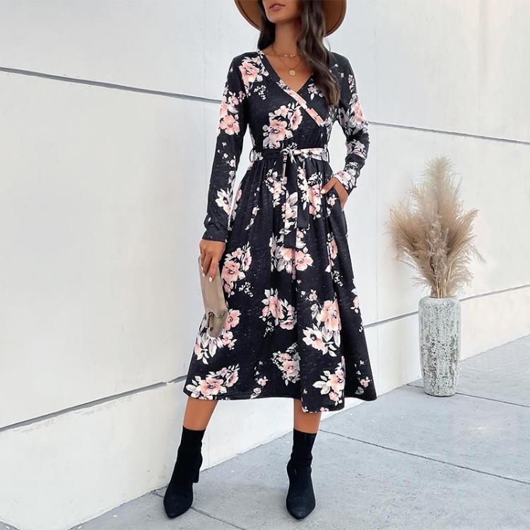 Women Elegant High Waist V-neck Chiffon Dress Long Sleeve A-Line Mid-Length Print Autumn Winter Fashion
