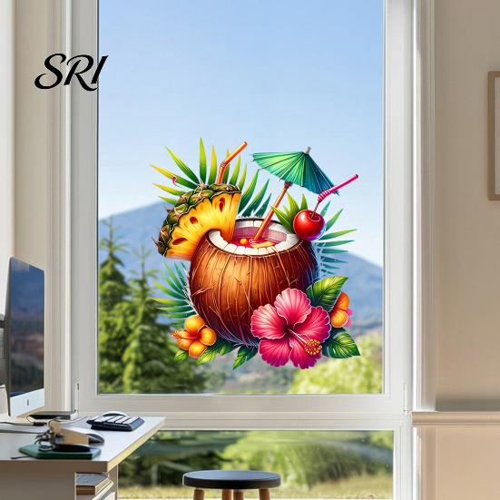 Temporary Window Sticker Summer Beach Cling Reusable Coconut Drink Pineapple Flower Static PVC Wall Removable Hawaiian Tropical Theme Glass Decals for