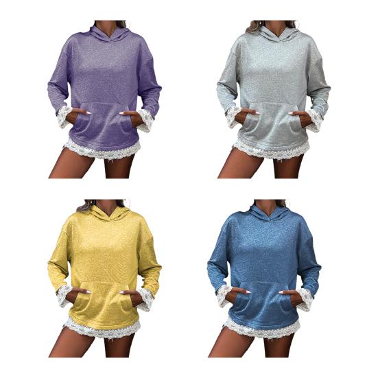 Women's Oversized Lace Trim Hoodie Fall Casual Long Sleeve Sweatshirt Loose Pullover Tops with Pocket