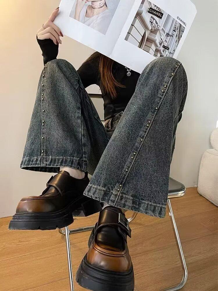 

Джинсы больших размеров с высокой талией и широкими штанинами - Женские ретро расклешенные свободного кроя (Весна осень) 3XL серый