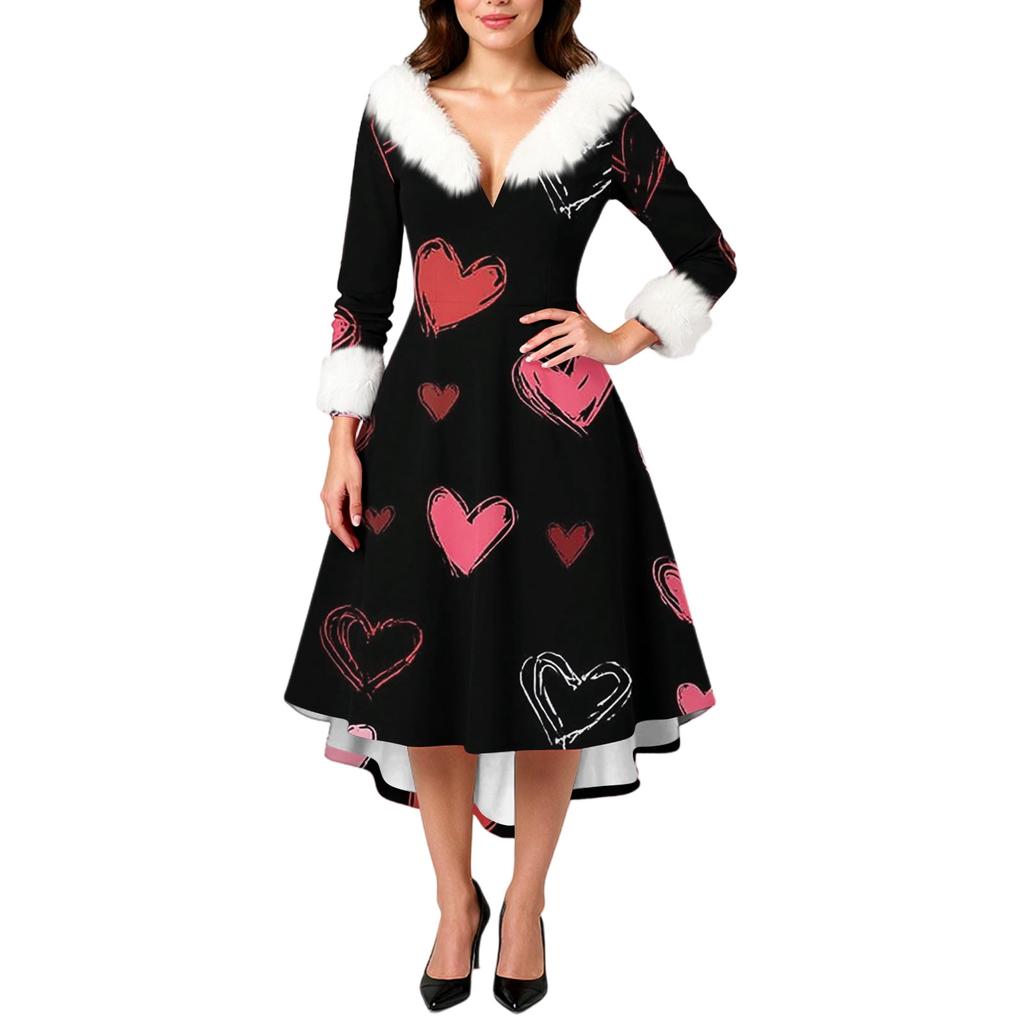 Damen stilvolles und elegantes langärmeliges V-Ausschnitt Kleid mit Valentinstags-Herzprint